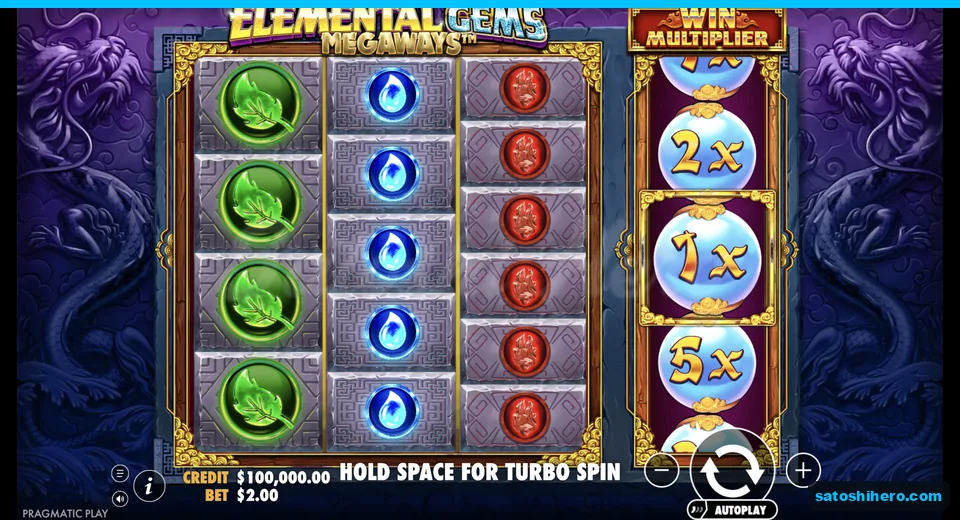 Settled reels show stacked green gems and multiplier reel