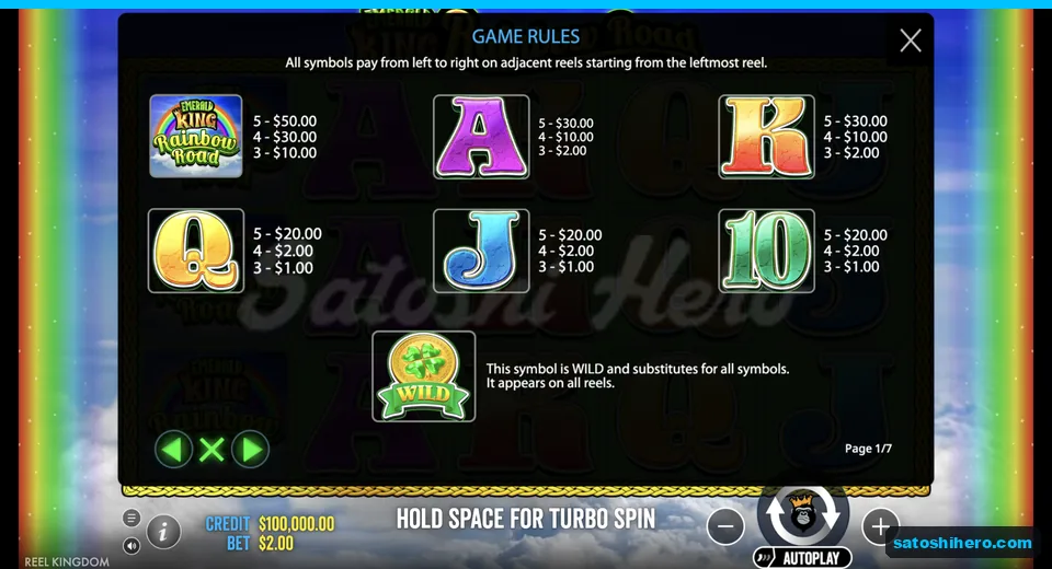 Paytable lists logo royals and wild values