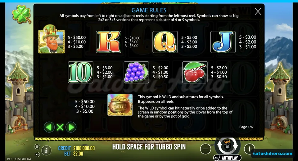 Paytable lists king, royals, fruit, and wild values