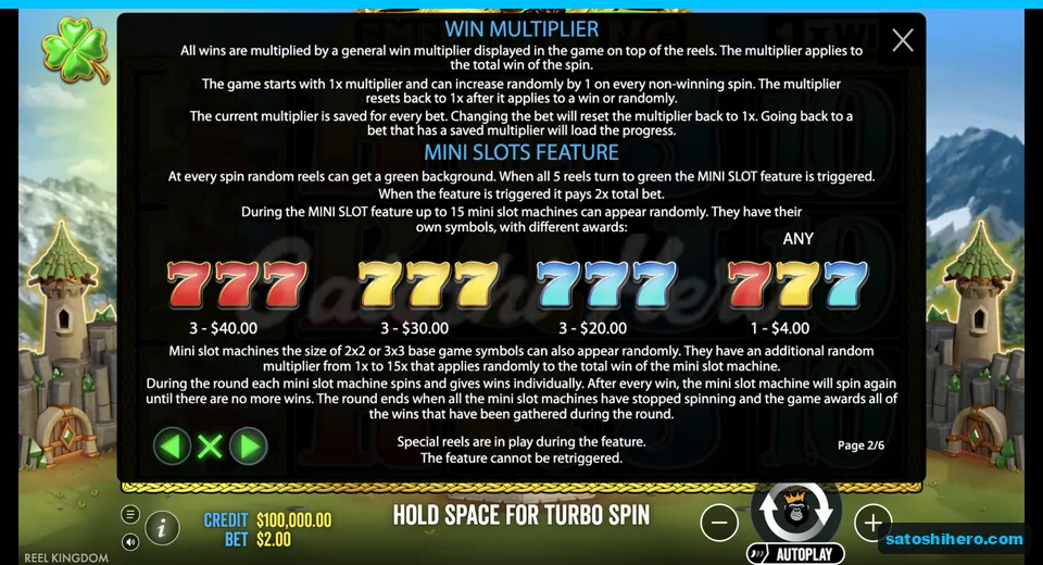 Rules page explains multiplier and mini slot awards