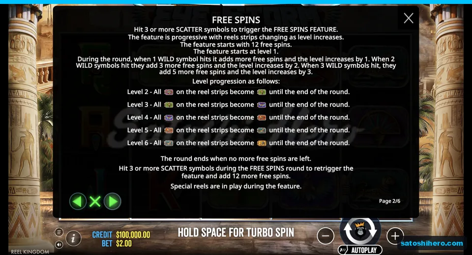 Rules screen explains wild levels and added spins
