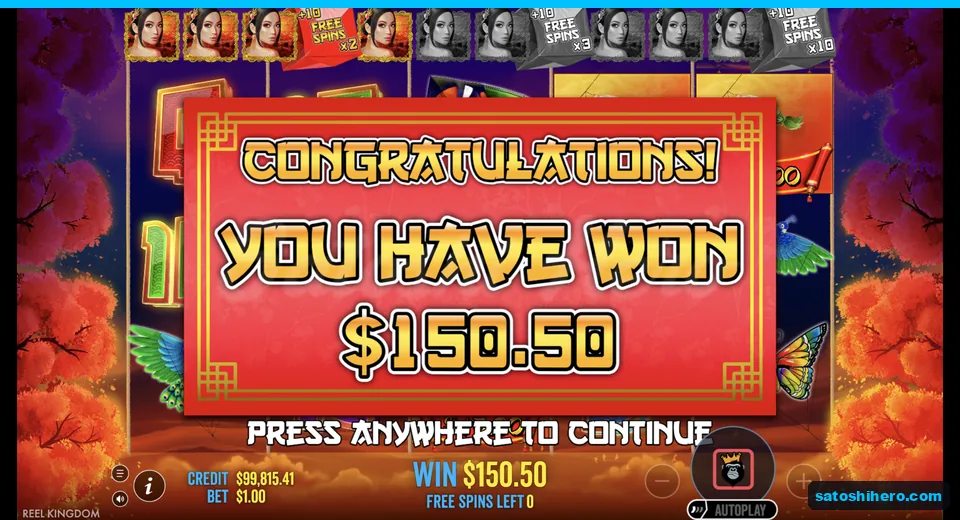 Congratulations screen shows $150.50 total win