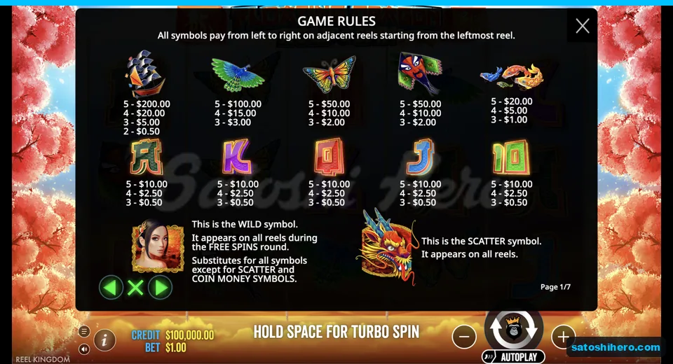 Paytable lists ship, kite, and royal payouts