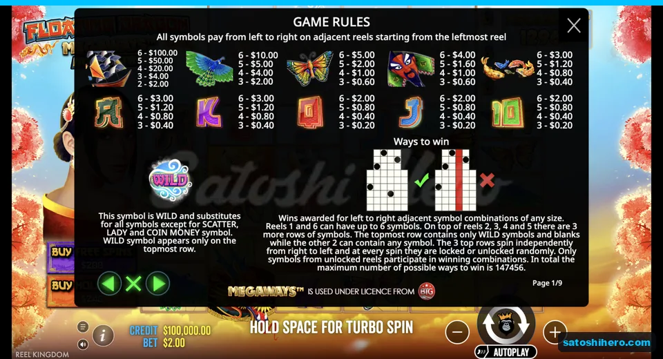 Paytable shows kites royals and Wild