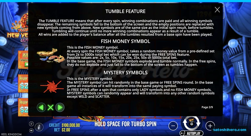 Rules page explains tumble coins and mystery symbols