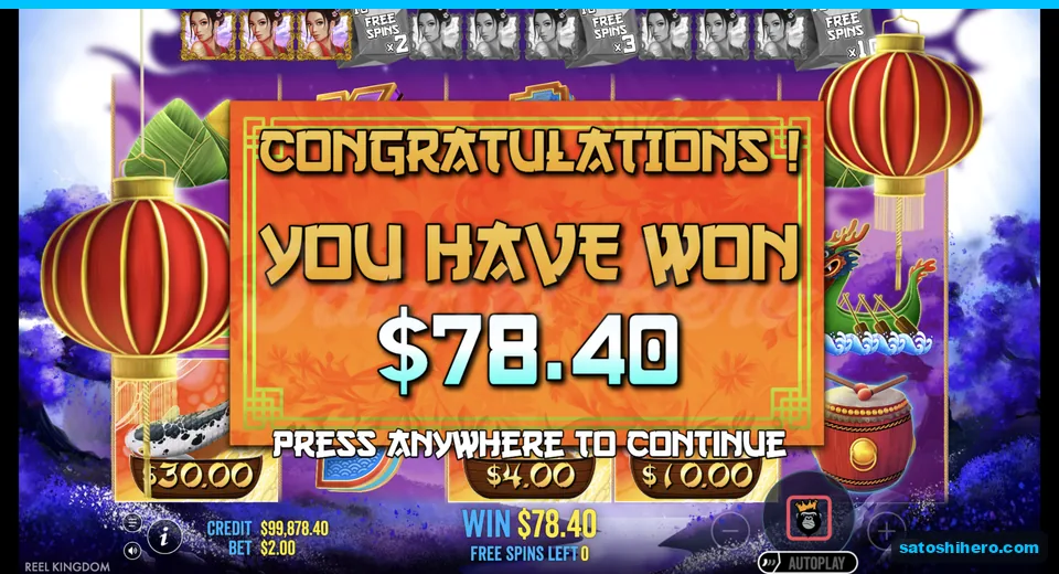 Congratulations screen pays $78.40 over reels