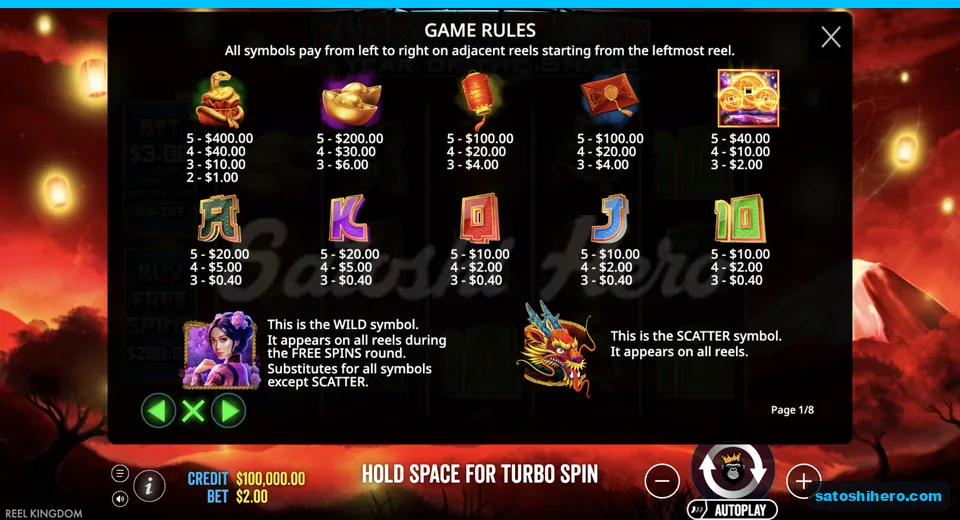 Paytable lists snake values and lady wild