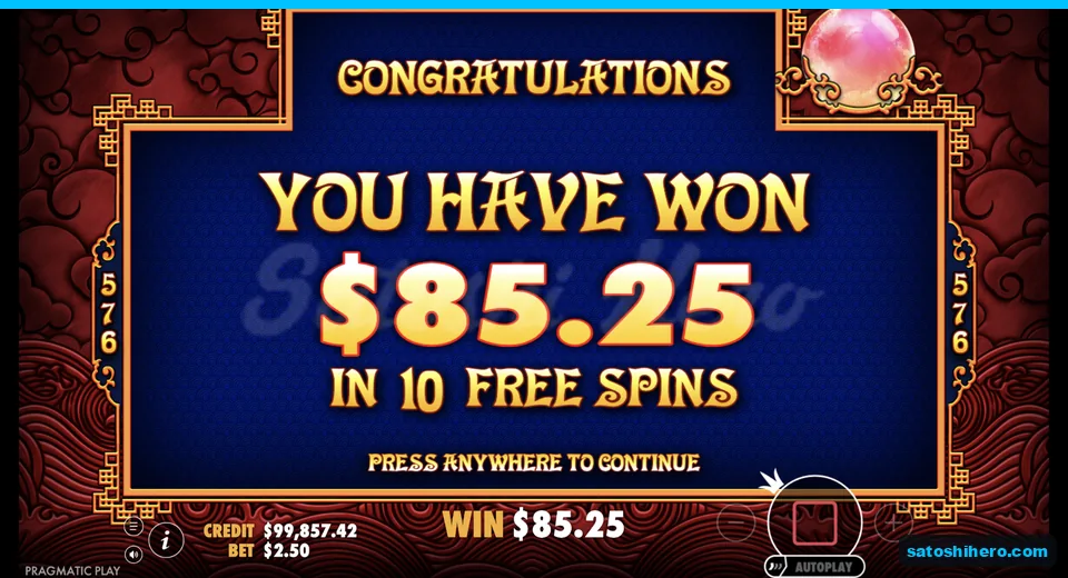 Congratulations screen awards $85.25 round win