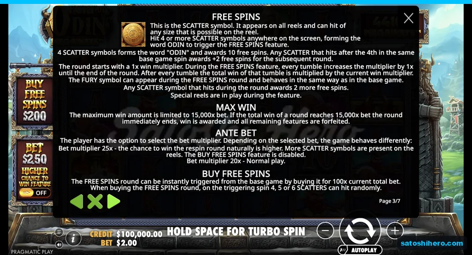 Free spins rules show ODIN Scatter trigger