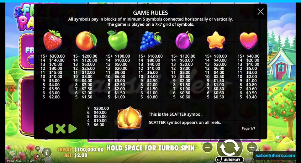 Rules page lists fruit and scatter pay values