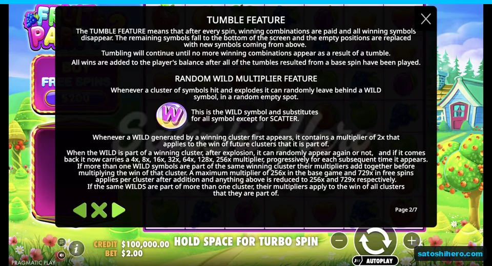 Rules page explains tumbles and wild multipliers