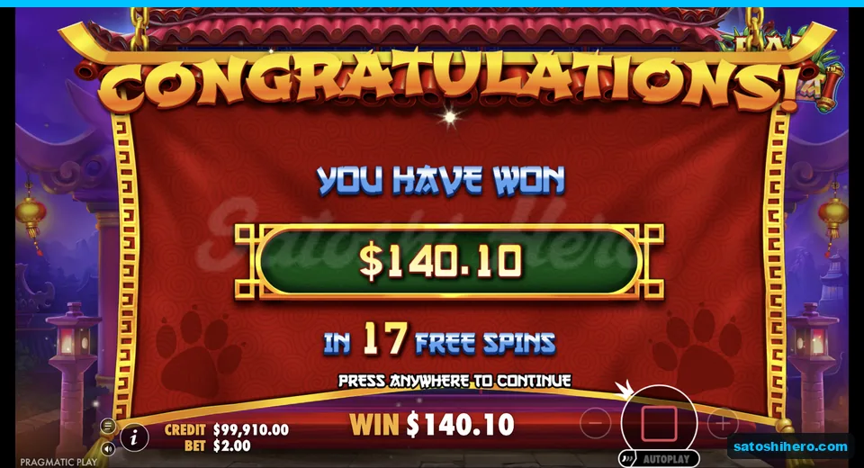 Collect screen shows $140.10 from seventeen spins