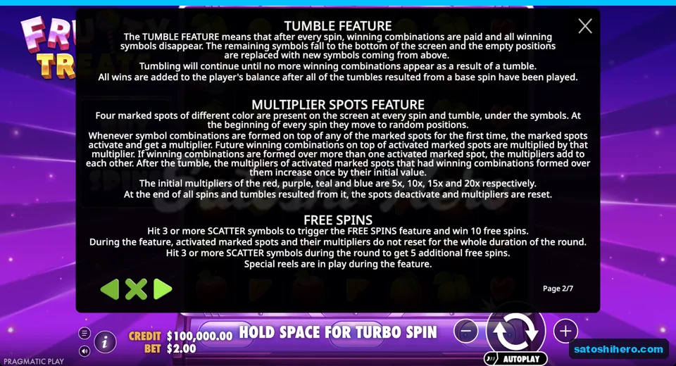 Rules explain tumbles, spots, and free spins