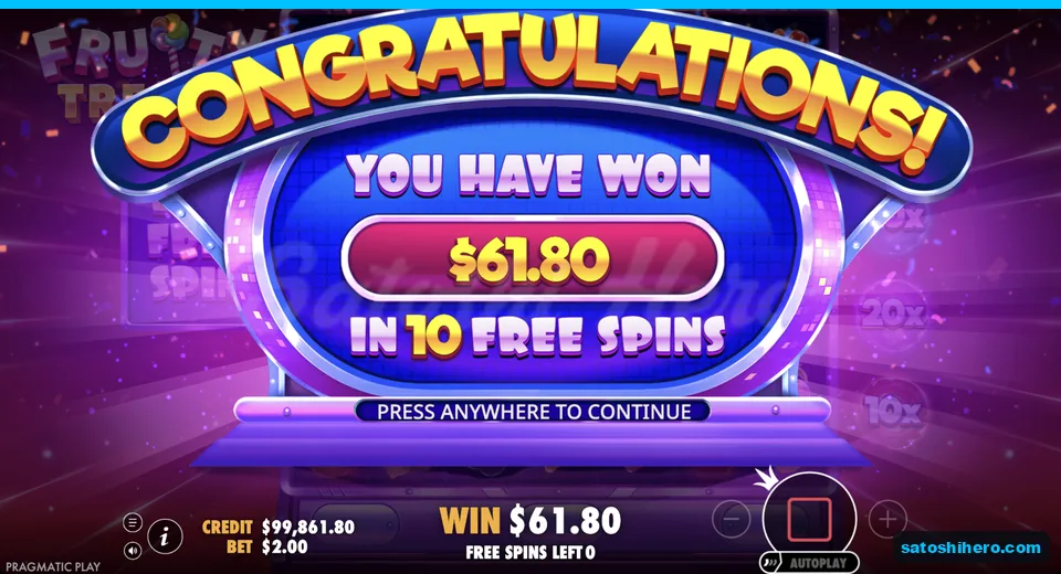 Free spins collect screen shows $61.80