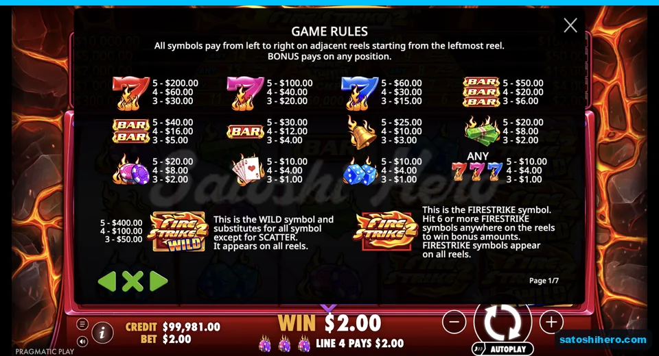 Rules page shows wild and fruit symbol payouts