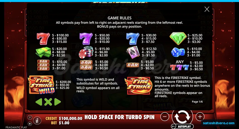 Rules page lists symbol pay values