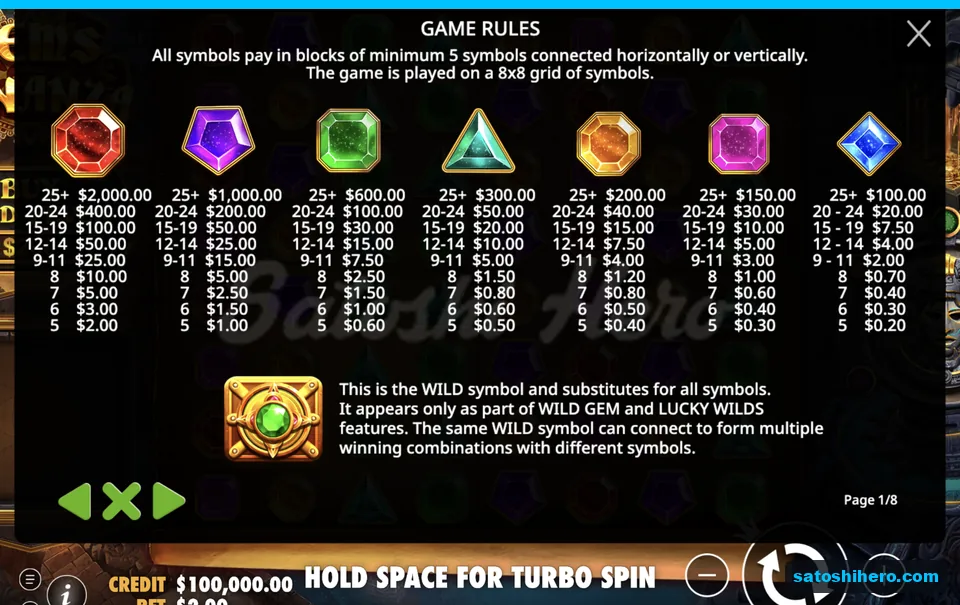 Paytable opens with seven gem values