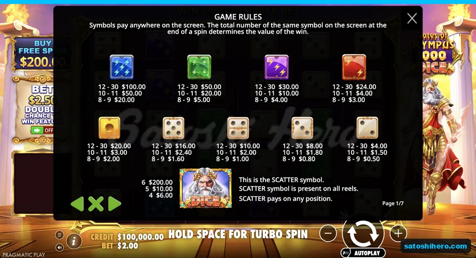 Paytable lists gem and dice values