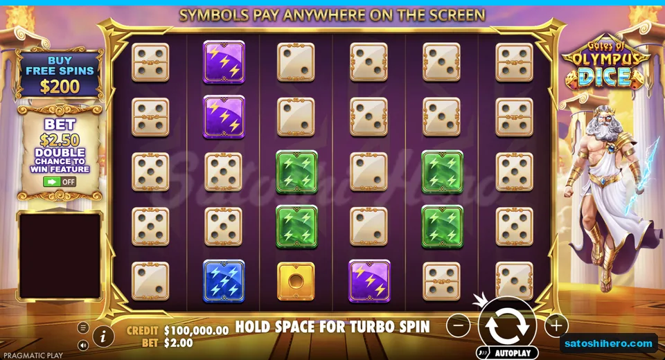 Settled grid with dice gems and Zeus