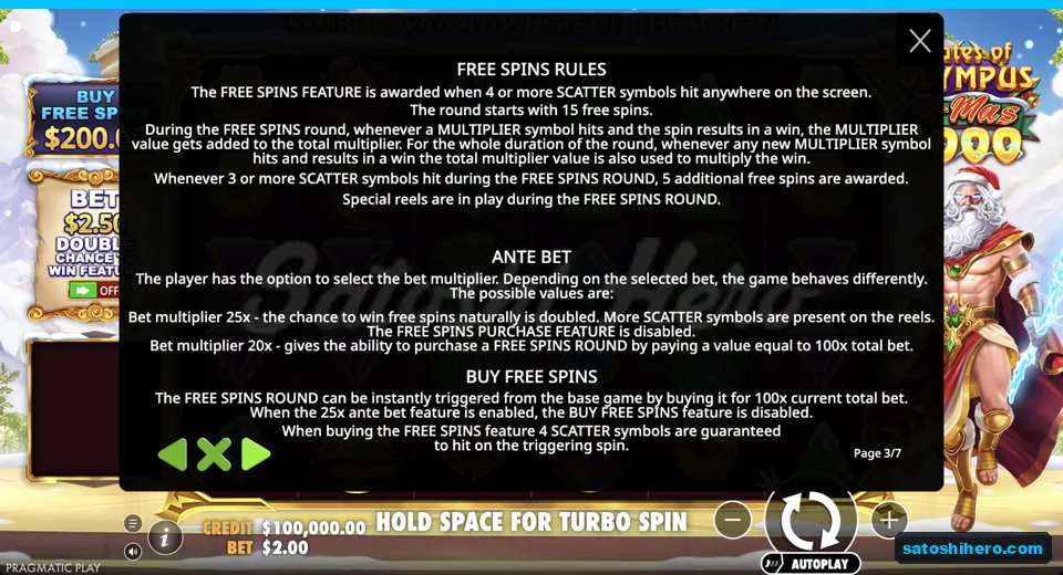 Free Spins panel lists scatters and multiplier total