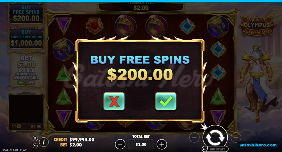 Buy Free Spins dialog opens at $200