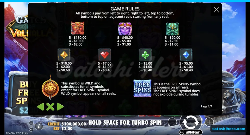Paytable lists gods and rune gem values