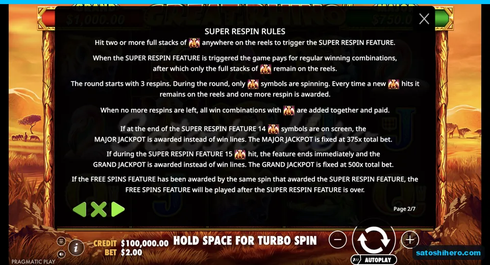 Super Respin rules show locked rhino stacks