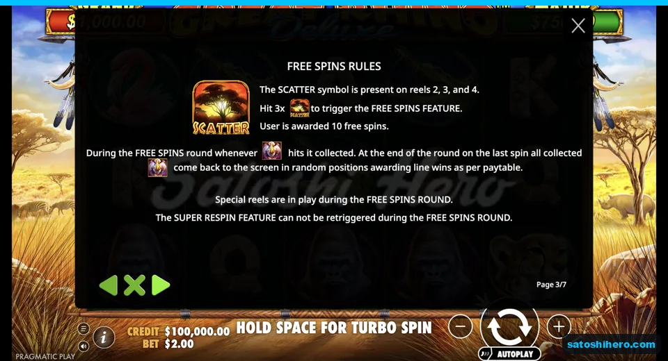Rules panel shows ten free spins
