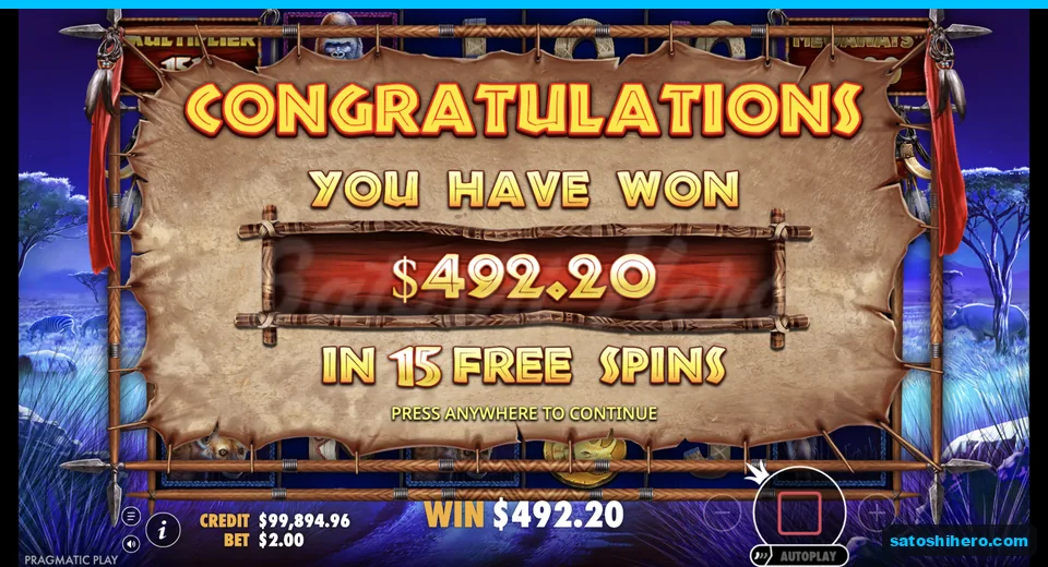 Collect screen reports $492.20 from 15 spins