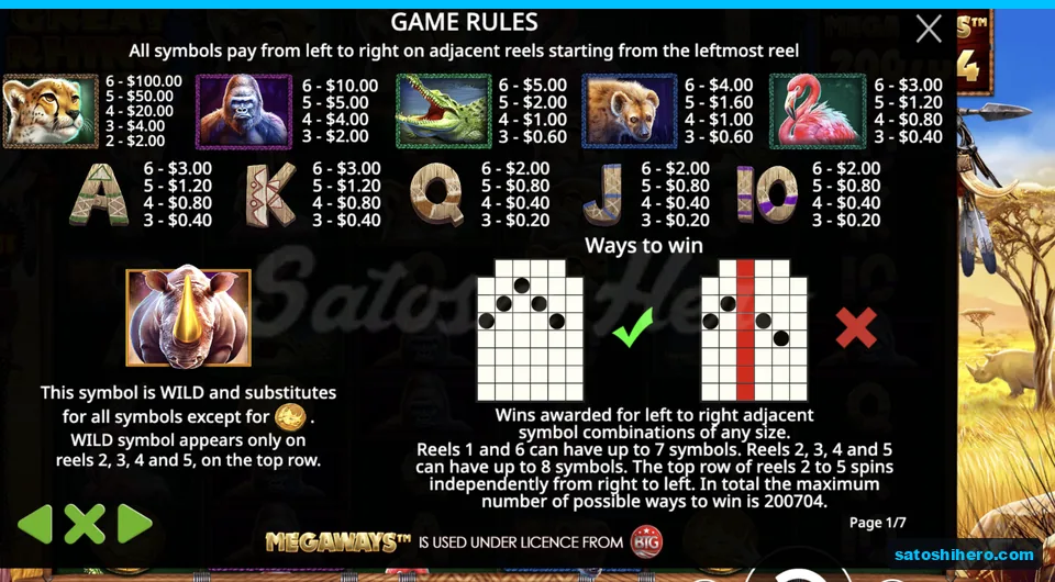 Paytable lists animal symbols and dollar values