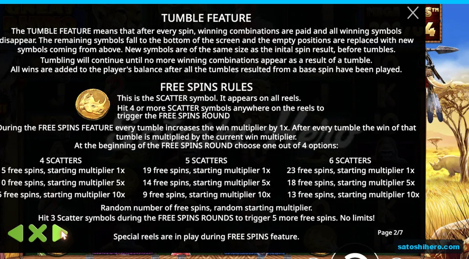 Rules page shows scatter choices and spin counts