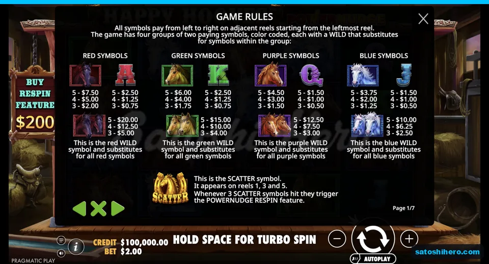 Paytable shows coloured horses royals and wilds