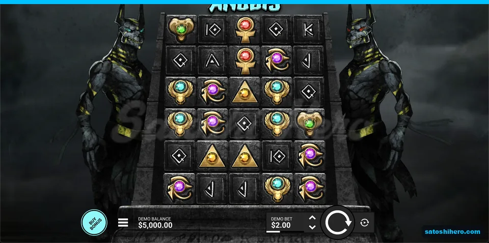 Jackal statues frame a dark Egyptian symbol grid