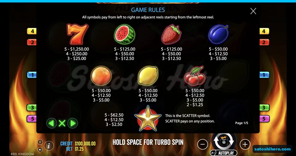 Paytable lists red seven and fruit values
