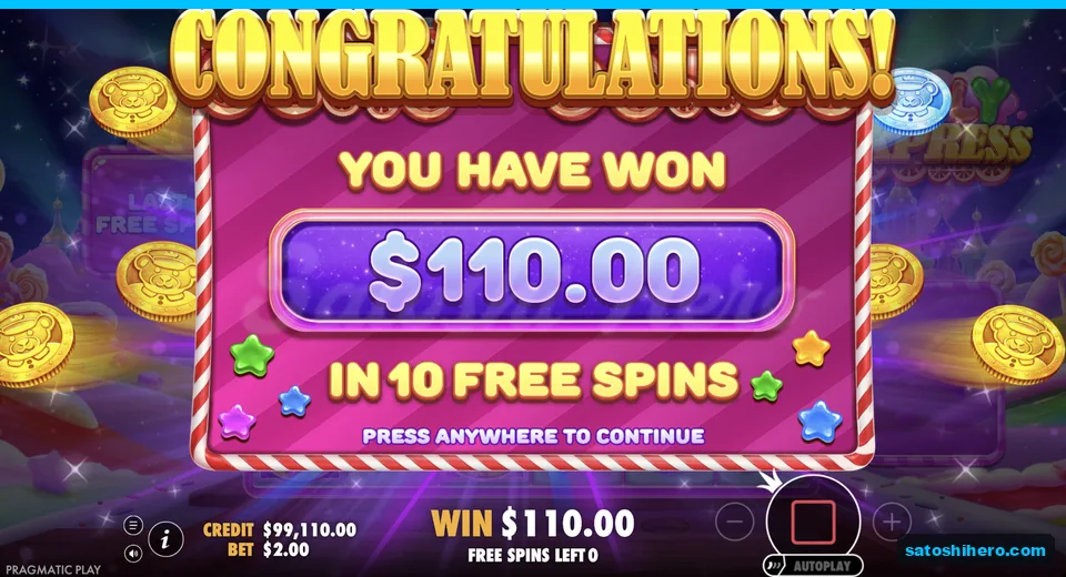 Congratulations screen pays $110.00