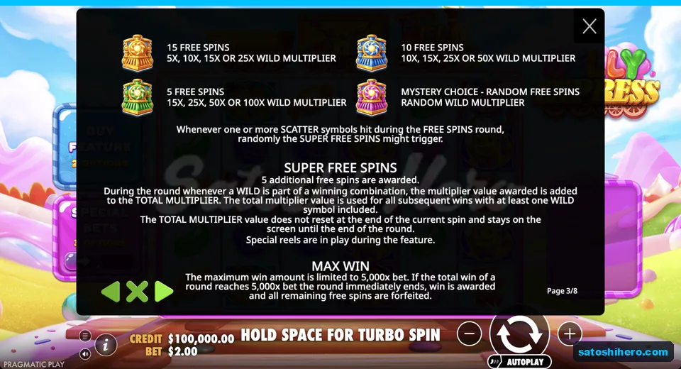 Rules page shows six free spin choices