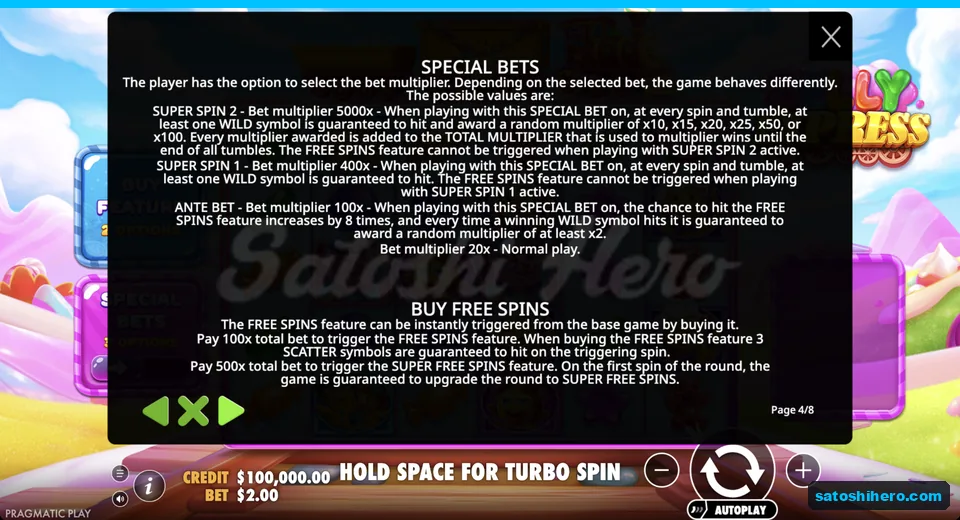 Rules page details special bet prices