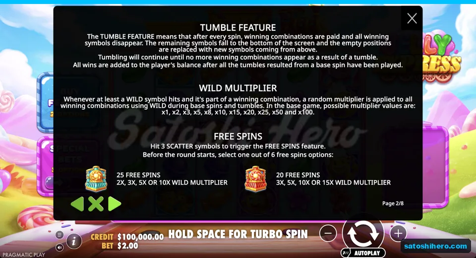 Rules page explains tumbles and wild multipliers