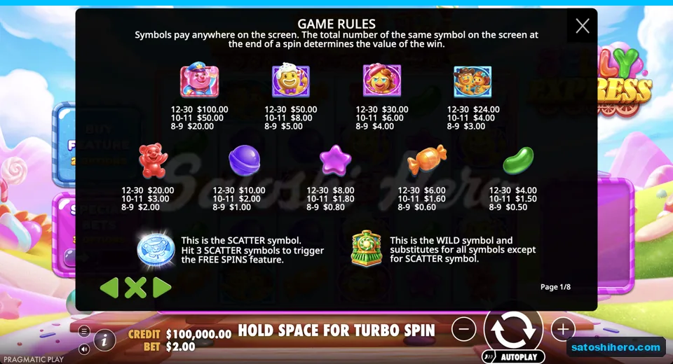 Rules page lists symbol pay values