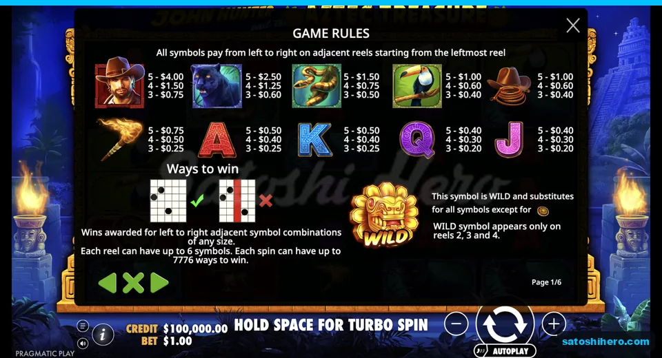 Paytable lists symbols, values, wild, and ways