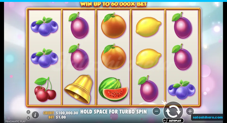 Settled reels show fruit symbols and golden bell