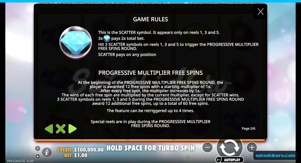 Scatter rules show blue diamonds and free spins