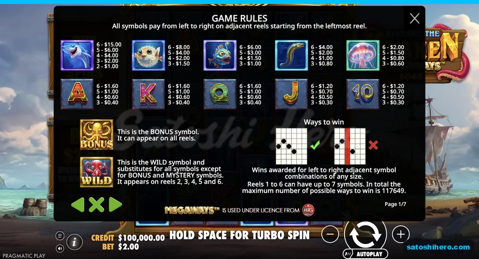 Paytable lists shark through royal values