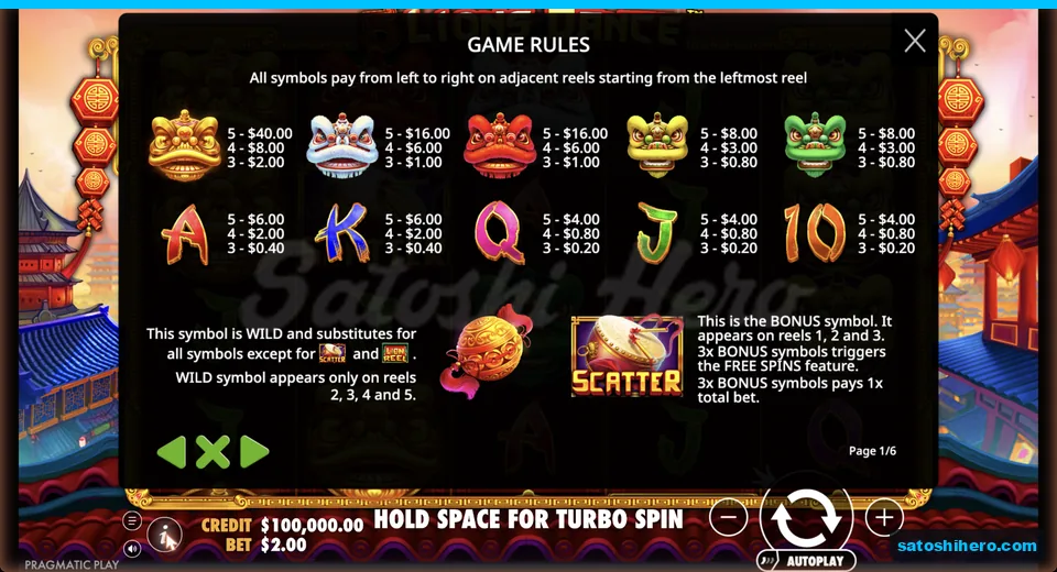 Paytable lists lion heads and royal card values