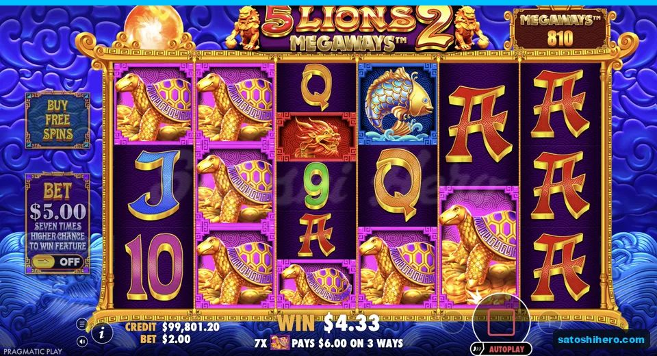 Line win resolves with stacked golden turtles