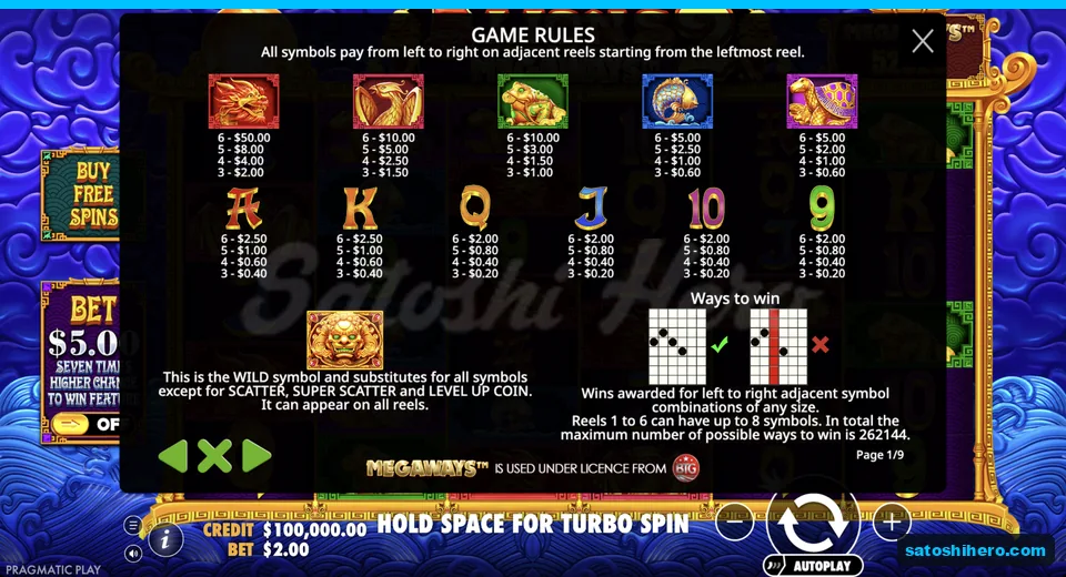 Paytable opens with dragon and royal card values