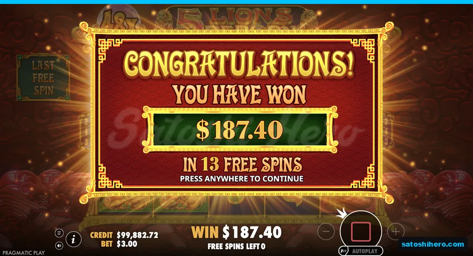 Congratulations screen shows $187.40 total win