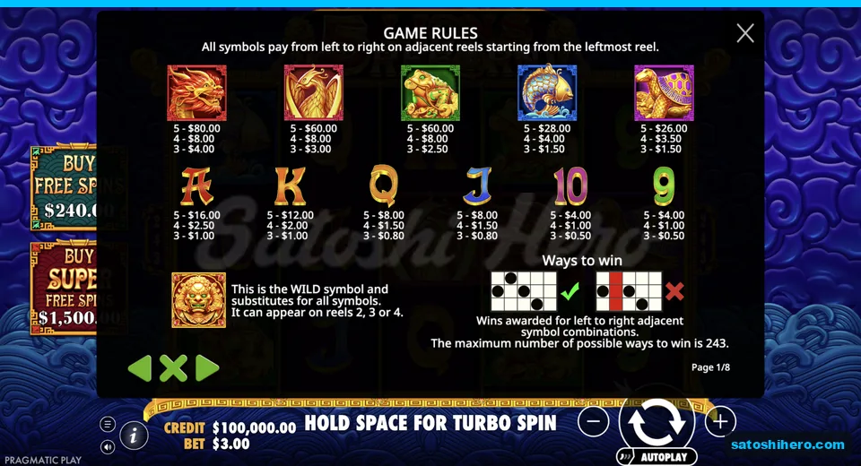 Paytable lists dragon through royal symbol values