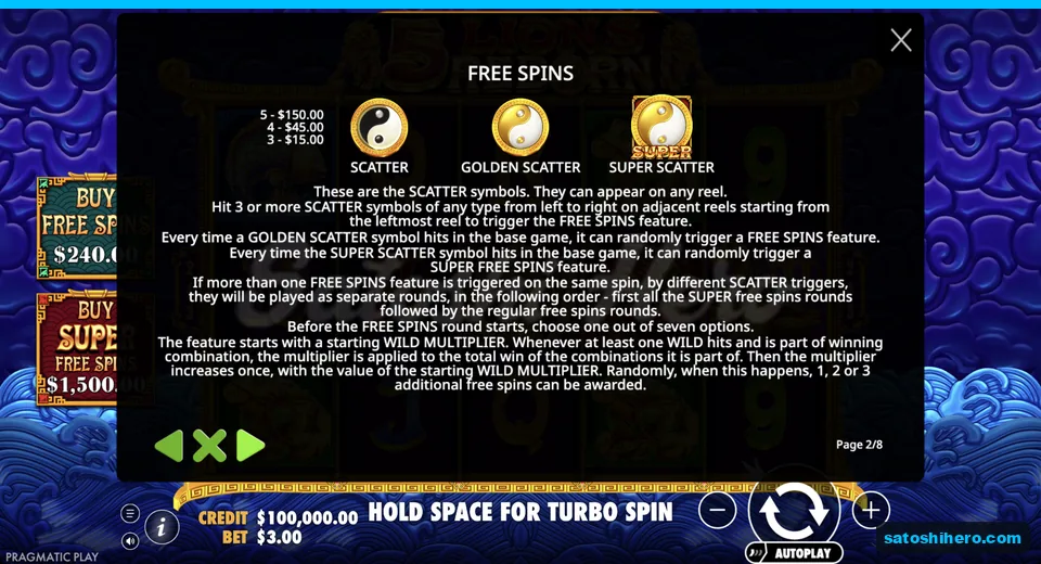 Scatter discs and wild symbol page shown