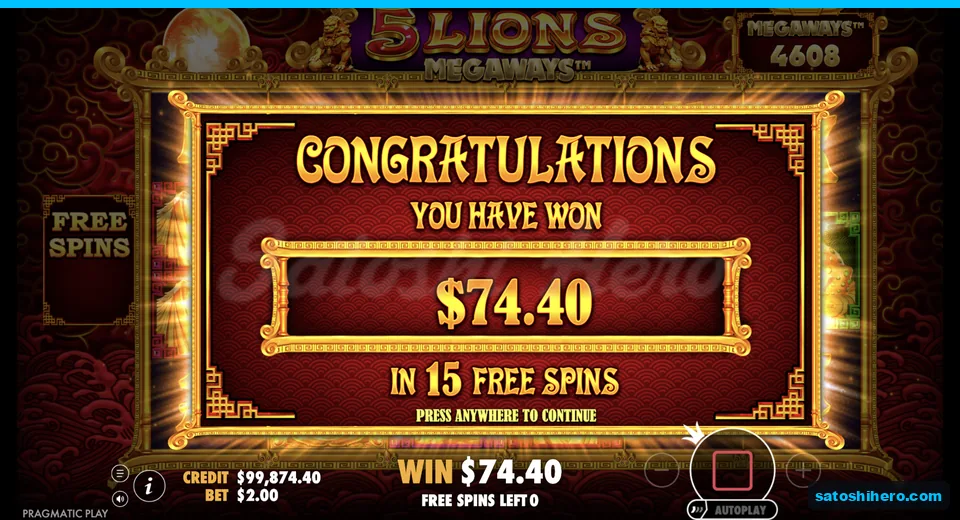 Collect screen shows $74.40 total win
